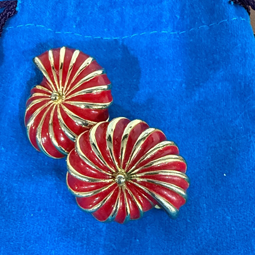 Elegant Red and Gold Swirl Clip On Earrings